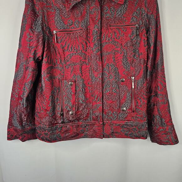 Chicos Size 2 Jacket Womens Red Gray Snap Front Lined Pockets Cotton Lyocell L - Picture 3 of 8